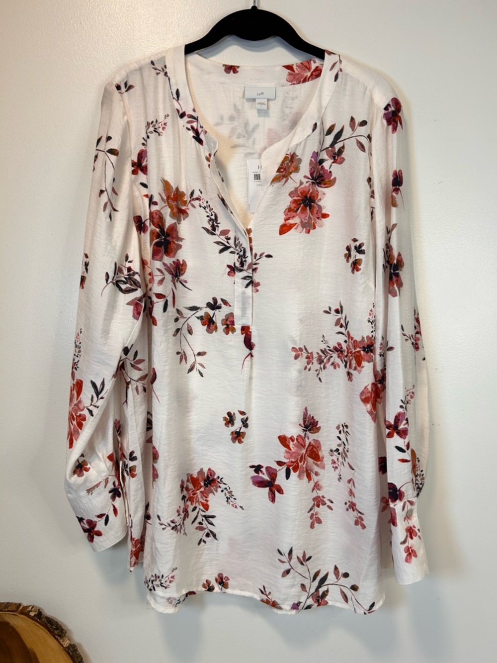 J. Jill Pop Over Blouse Tunic Pullover Cream Floral Long Sleeve Women’s Large